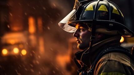 Portrait of a brave firefighter against a background of fire.