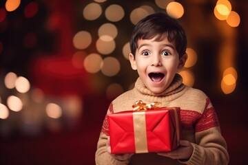 Fototapeta na wymiar Excited little boy holding Christmas present on Christmas night
