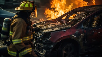 Fototapeta na wymiar fire men extinguishing and put out burning car crash after road traffic incident, fire fighting operation in the night city, firefighters with fire engine truck vehicle, emergency and rescue