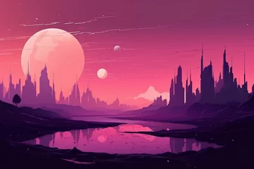 Fotobehang Roze Large city landscape with huge buildings on distant planet at purple colors generative ai