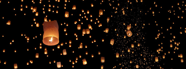 Tourist floating sky lanterns in Loy Krathong festival , Chiang Mai ,Thailand. - obrazy, fototapety, plakaty