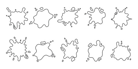 Hand drawn set of paint splashes doodle. Different shapes of paint splatter and drops, ink blobs . Vector illustration isolated on white background. 