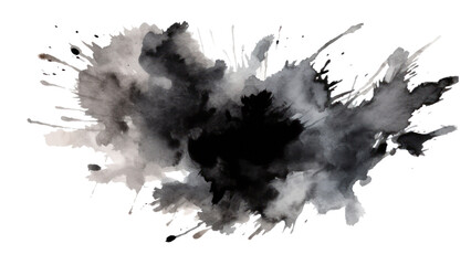 Shiny black brush watercolor painting isolated on transparent background cutout.