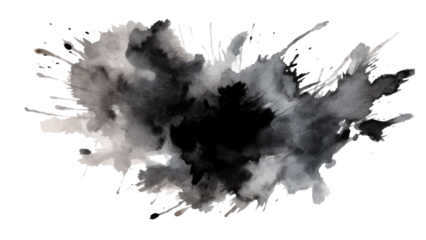 Shiny black brush watercolor painting isolated on transparent background cutout.