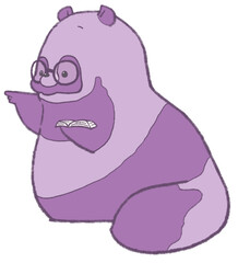 本を持って指さしする眼鏡をかけたたぬき（紫色）