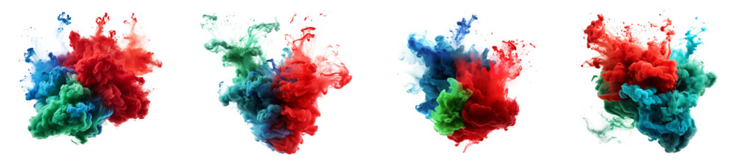 Set of red green blue acrylic ink colored smoke watercolor splashes, Abstract background. Color explosion elements for design, isolated on white and transparent background
