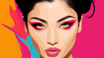 Captivating illustration in pop art style of an Asian woman, very colorful illustration with bright colors 1
