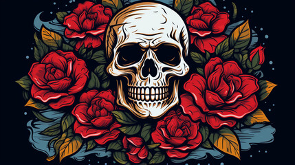 illustration in pop-art style of skulls with flowers and leaves on black background 3 - obrazy, fototapety, plakaty