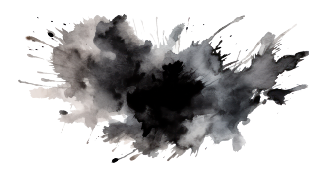 Shiny black brush watercolor painting isolated on transparent background cutout.