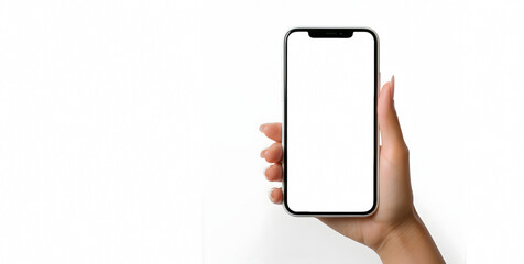 modern cell phone in a woman's hand on a white background