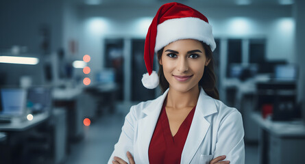Female doctor smiling and looking at camera wearing a Santa Claus cap working on the New Year and Christmas holidays - obrazy, fototapety, plakaty