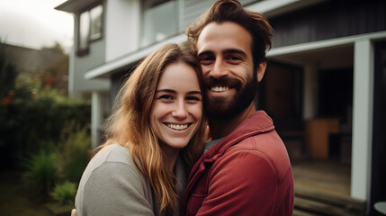 Fototapeta premium Happy newly married couple buying their first home and celebrating