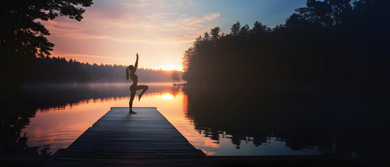 woman practicing yoga on a beautiful lake with a pier on a sunset