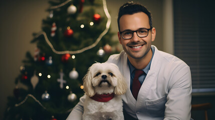 Veterinary doctor smiling and looking at the camera next to a pet and a Christmas tree in the background, working on the New Year holidays and Christmas parties