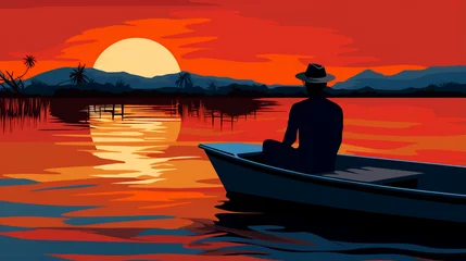 Papier Peint photo Lavable Rouge 2 pop art style illustration of a man sitting on a boat 3
