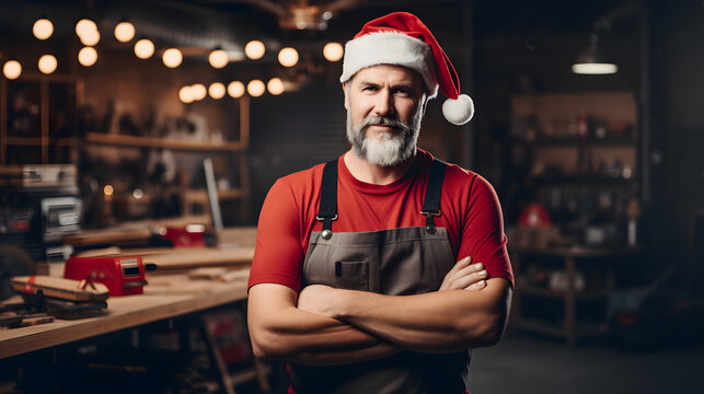 carpenter at work with santa hat - christmas and new year work concept