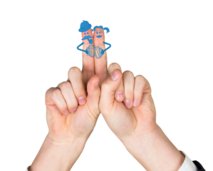 Digital png photo of two hands with faces drawn on fingers on transparent background