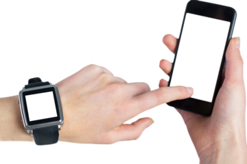 Digital png photo of hands using smartphone and smartwatch, copy space on transparent background