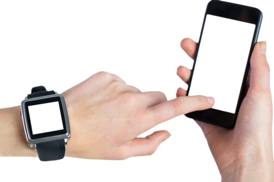 Digital png photo of hands using smartphone and smartwatch, copy space on transparent background