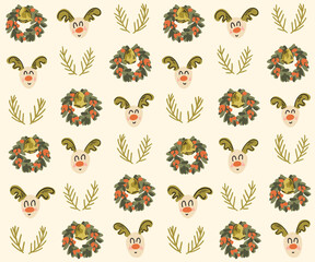 Wreaths and Reindeers placed on a cream background in a christmas palette of olive green,orange forming a seamless vector pattern. Great for homedecor,fabric,wallpaper,giftwrap,stationery,packaging.