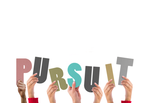 Digital png illustration of hands with pursuit text on transparent background - Powered by Adobe