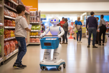 A boy in a supermarket loads items into a shopping basket attached to a humanoid robot with large cartoon-like eyes. Other customers are visible in the background, slightly blurred. - obrazy, fototapety, plakaty
