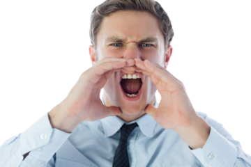 Digital png photo of caucasian businessman shouting on transparent background