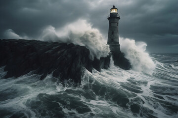 Lighthouse on rocky cliff at sea storm generative ai - obrazy, fototapety, plakaty