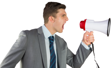 Digital png photo of caucasian businessman shouting using loudspeaker on transparent background