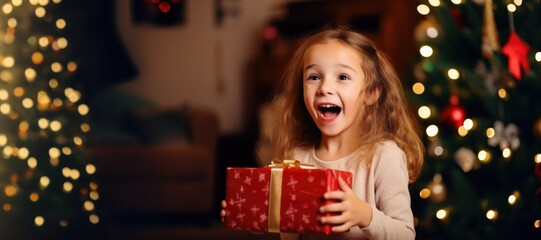 Obraz na płótnie Canvas Excited little girl holding Christmas present on Christmas night