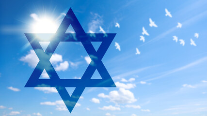 Flag of Israel on blue sky background. National holiday concept. 3d illustration