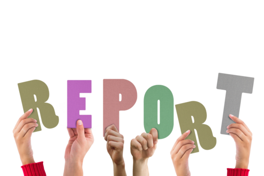 Digital png illustration of hands with report text on transparent background