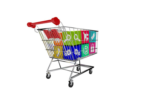 Digital png illustration of trolley with colourful 3d computer icons on transparent background