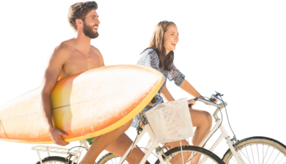 Digital png photo of happy caucasian couple riding bikes with surfboard on transparent background