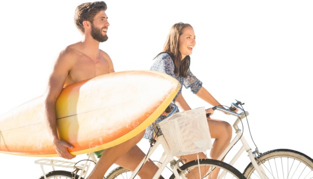 Digital png photo of happy caucasian couple riding bikes with surfboard on transparent background - Powered by Adobe