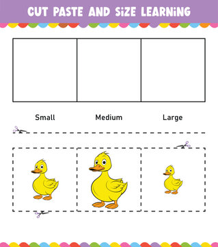 Learning sizes Cut and Paste easy activity worksheet game for children with Cute Animal
