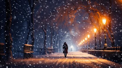 Obraz premium Walk Along a Snowy Illuminated Street in the Snowfall