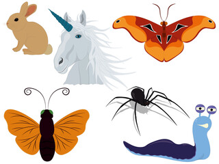 Collection of different animals and insects for compositions and collages vector illustration