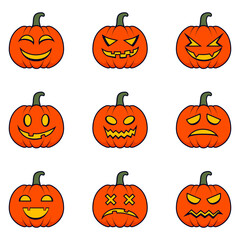 Set of Halloween Pumpkins Head Collection. Vector Illustration with Color