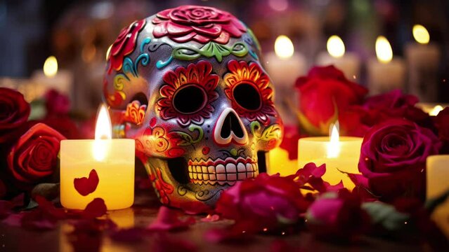 Sugar skull with detailed patterns among red roses, illuminated by numerous candles. Celebration of life.