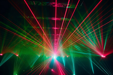 Naklejka na ściany i meble Laser show beams inside of musical club generative ai