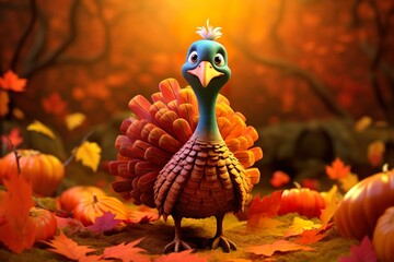 Thanksgiving background with little cute happy turkey autumn background illustration with pumpkin and leaves - obrazy, fototapety, plakaty