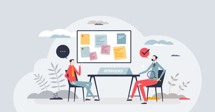 HR recruitment or staffing with human resources interview tiny person concept. Employee candidate skills and ability review with CV and application letter vector illustration. New personnel vacancy.