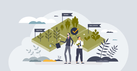 Finance asset allocation as business investments division tiny person concept. Stocks, bonds, cash, equities and real estate separation as risk management and financial planning vector illustration.