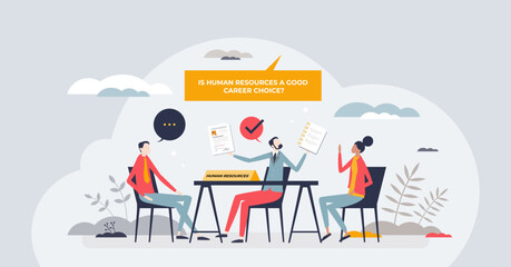 Is human resources good job to plan professional future tiny person concept. Career strategy and life choice for employment vector illustration. Occupation options in HR and recruitment business.