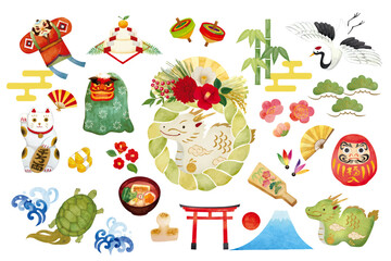 水彩手書きのお正月の素材セット