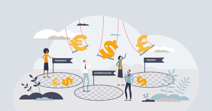 Finance risk management and loss control mechanisms tiny person concept. Insurance, diversification and hedging as company assets protection strategy vector illustration. Financial safety in crisis.