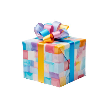 Photograph of a festive present box with colorful wrapping paper, perfectly isolated on a white canvas
