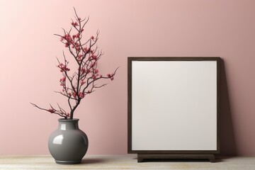 An empty dark wood-framed mockup frame leans against a pink wall, with a potted plant adorned with pink flowers nearby. Photorealistic illustration