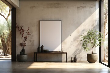 A blank mockup frame is positioned on a table against a concrete wall, surrounded by plants, creating a harmonious and natural setting for decor and creativity. Photorealistic illustration